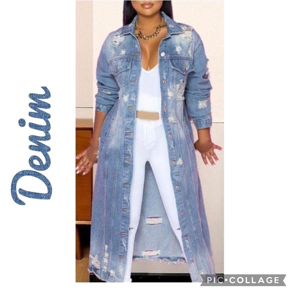 Women's Distressed Long Denim Coat